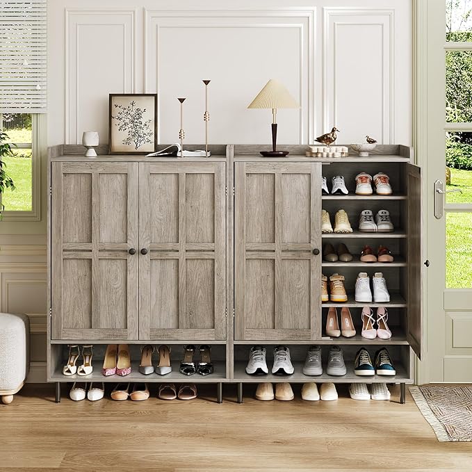 ComfyCorner Grey 7+1 Tier Farmhouse Shoe Storage Cabinet - 45" Tall Entryway Organizer with Cross Molding Doors, 3 Adjustable Shelves & Metal Legs, Shoe Rack for Front Door Entrance
