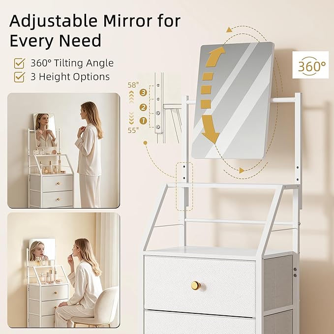 HIGDBFE 4-Drawer Dresser with Mirror, Vanity with 2-Tier Shelves, Fabric Chest of Drawers for Small Space, Vertical Storage Cabinet for Bedroom, Nightstand Bedside Table Furniture, White, 15.3" W