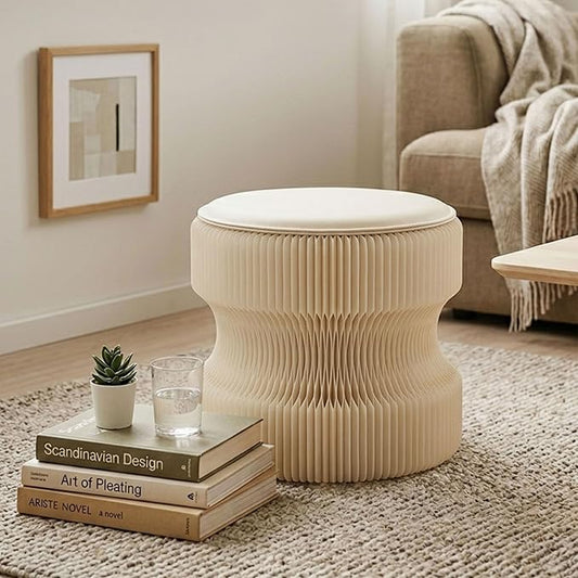 Accordion Folding Stool, Modern White Kraft Paper Honeycomb Ottoman, Collapsible Portable Footrest Stool, Fold Up Under Desk Seat for Office Entryway Living Room Small Space (11 Inch, White)