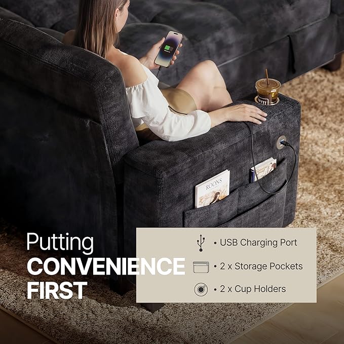 Marsail 84.6" Sectional Sleeper Sofa with Pull Out Bed, 5 Seat Modular Sectional Couch with Storage, USB & Cup Holders, Modern Chenille Cloud Sofa for Living Room, Dark Gray