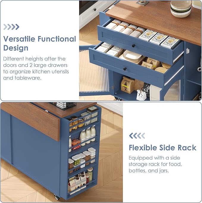 FINETONES Kitchen Island with Storage, Rolling Kitchen Island on Wheels with Wood Drop Leaf Countertop, Island Table Bar Cart with Spice Towel Rack Portable Kitchen Table Kitchen Carts on Wheels, Blue
