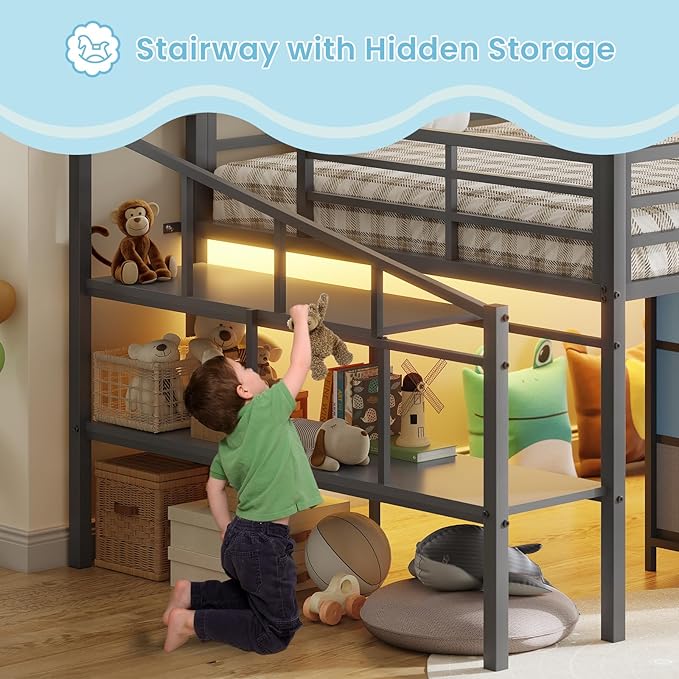 VIAGDO Low Loft Bed Full Size with 9 Storage Drawers and LED Lights, Metal Full Size Loft Bed with Stairway Shelf Storage, Low Loft Bed with Safety Guardrail and Under-Bed Hideaway for Kids, Grey