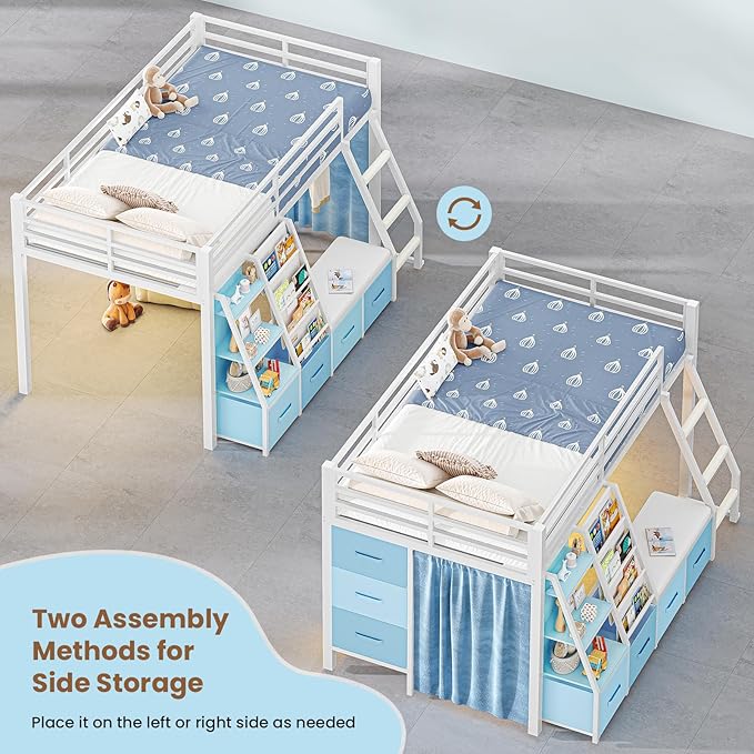 MSmask Low Loft Bed with 7 Storage Drawers & Reading Nook, Kids Twin Loft Bed with Bookshelf, LED Lights & Safety Guardrail, Loft Bed Twin Size with 35.8''H Play Space, Inclined Ladder, White & Blue