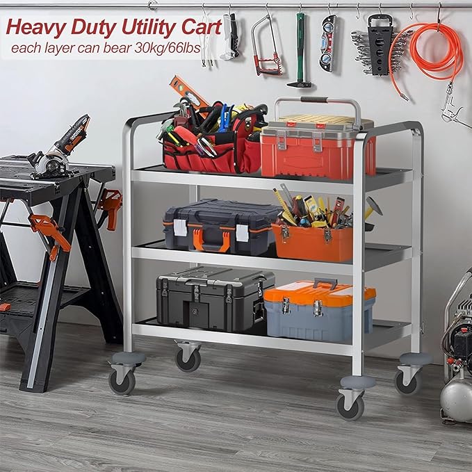 Nisorpa 3 Tier Stainless Steel Utility Cart L30 x W16 x H33 Inch Kitchen Rolling Carts with Wheels Serving Trolley Catering Storage Shelf with 2 Lockable Wheels for Hotel Restaurant Home Use