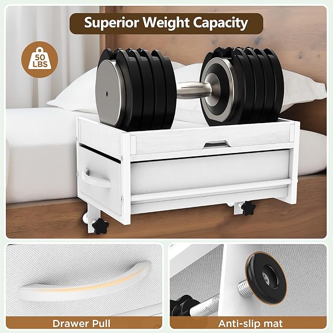 2 Tier Bedside Shelf for Dorm Bunk Bed, Under Mattress Bedside Shelf Clip On Nightstand with Fabric Drawer, Bed Side Table Tray Organizer, Bedside Tray with Cable Management, Back to School (white)