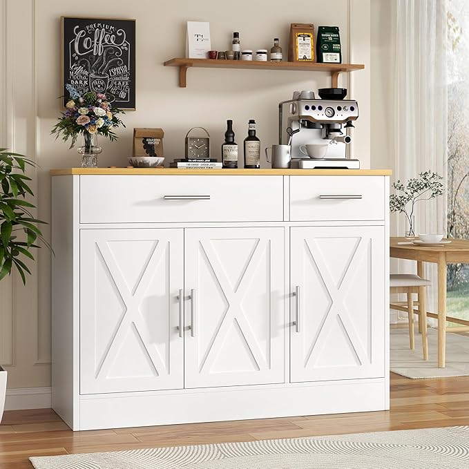 Vongrasig Coffee Bar Cabinet, Farmhouse Sideboard Buffet Cabinet with Storage, Coffee Bar with Drawers and Shelves, Wood Buffet Table for Kitchen, Dining Room, White