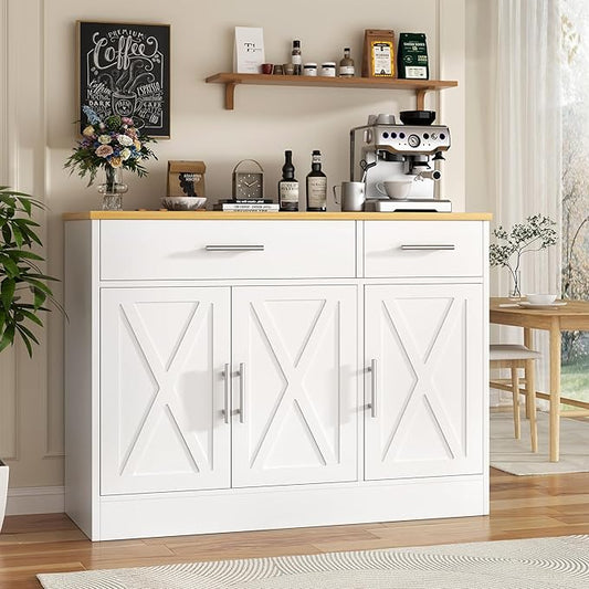 Vongrasig Coffee Bar Cabinet, Farmhouse Sideboard Buffet Cabinet with Storage, Coffee Bar with Drawers and Shelves, Wood Buffet Table for Kitchen, Dining Room, White