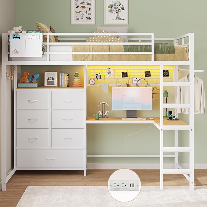 DICTAC Twin Size Loft Bed with L-Shaped Desk and 7 Storage Drawers,Metal Twin Loft Bed for Kids with LED Lights and Charging Station,13.11" H Safety Guardrail and Ladder,No Box Spring Needed, White