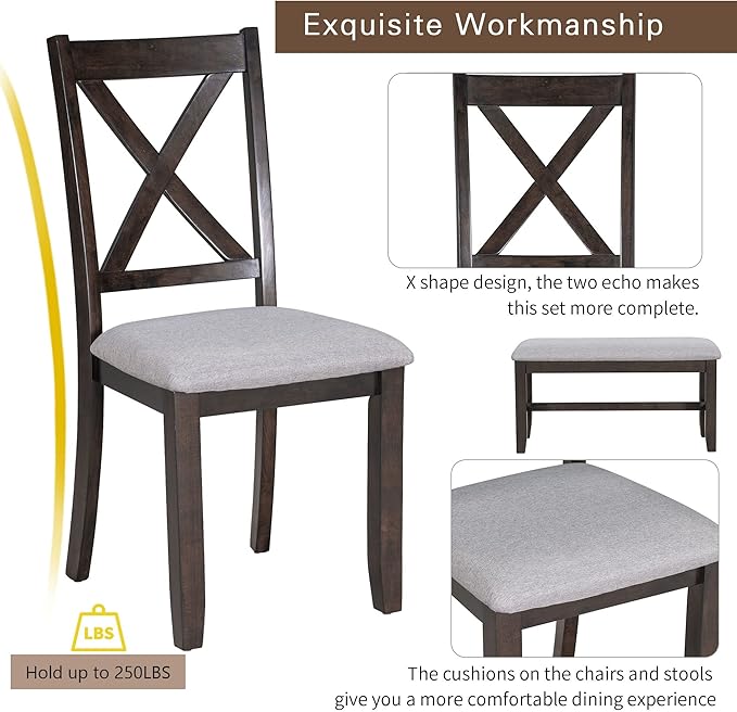 Harper & Bright Designs 6-Piece Family Dining Room Set Solid Wood Space Saving Foldable Table and 4 Chairs with Bench for Dining Room (Espresso)