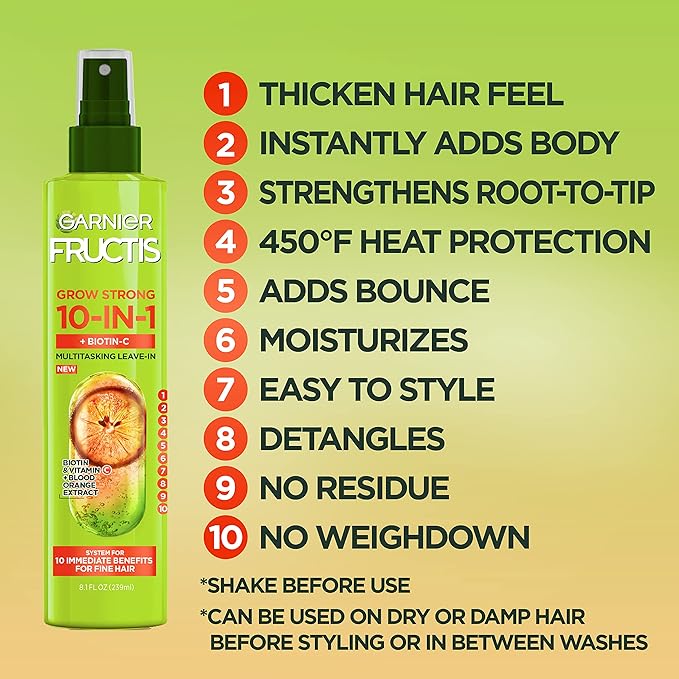 Garnier Fructis Grow Strong Thickening 10-in-1 Spray,Biotin-C,8.1 Fl Oz,(Packaging May Vary),(Pack of 2)