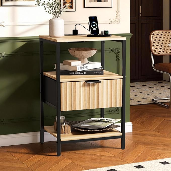 VINGLI Nightstands Set of 2 with Fabric Drawer, Fluted Nightstand with Charging Station, Oak Night Stand Set 2 Bed Side Tables, End Tales Bedroom with Charger Station, 14.96"W*11.81"D*23.7"H, 2 pcs