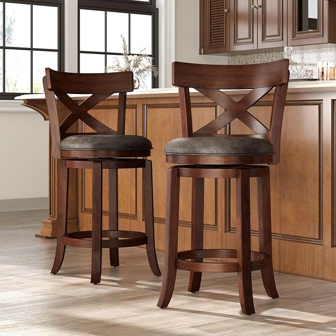Sophia & William Swivel Bar Stools Set of 2, 26 Inch Counter Height Barstools with Cross Back & Solid Wood Legs,Modern Faux Leather Bar Chairs for Kitchen Island