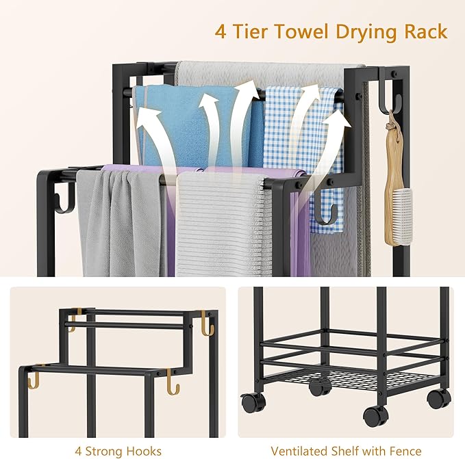 Gewudraw Free Standing Towel Rack, Pool Towel Rack, 4-Tier Blanket Stand with Shelf, Bathroom Towel Drying Rack with 4 Hooks, Rust-Resistant Drying Rack Indoor/Outdoor, Black