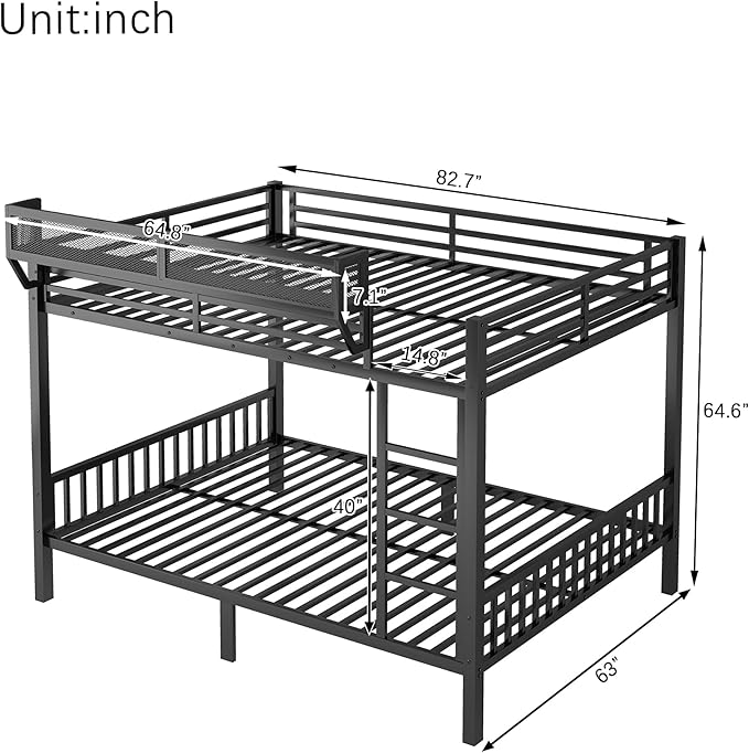 KEIKI Queen Over Queen Size Metal Bunk Bed Frame with Ladder and Built-in Storage Shelves, for Teens, Bunk Bed with Solid Slats, Guardrail, No Box Spring Required, Easy Assembly, for Bedroom, Black