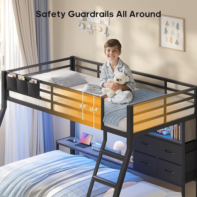 BTHFST Bunk Bed Twin Over Twin with 4 Storage Drawers & Shelves & Bedside Caddy, Twin Bunk Beds with Charging Station & LED Lights, Metal Loft Bed with Safety Guardrail & Angled Ladder, Black & Grey