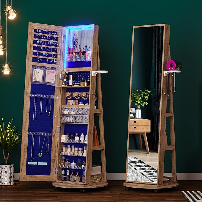 HNEBC 360° Swivel Jewelry Armoire with Mirror, LED Mirror Jewelry Cabinet Standing, Full Length Mirror with Jewelry Storage, Standing Jewelry Organizer/Lockable Wheels/Foldable Makeup Shelf (Wood)