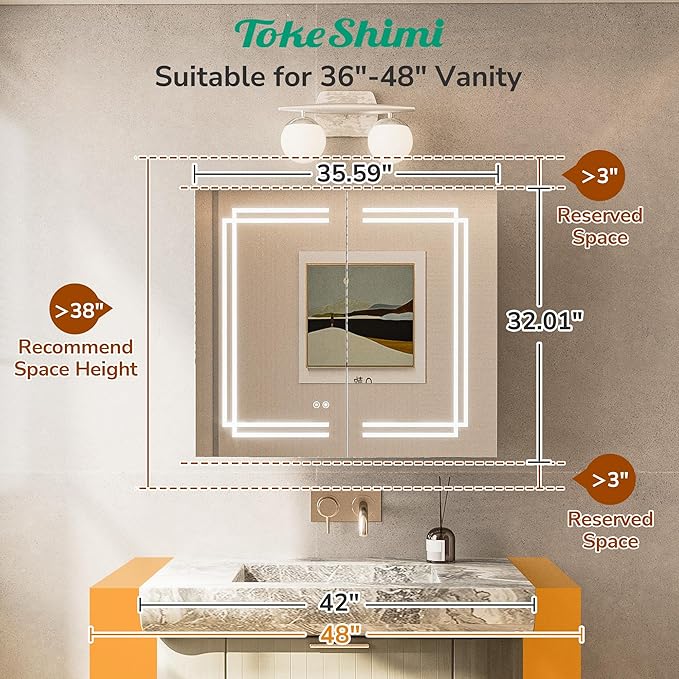 TokeShimi 36x32 Inch Lighted Medicine Cabinet, LED Medicine Cabinet with Lights, Wall-Mounted Bathroom Cabinet Mirror with 3 Color Temperature, Anti-Fog, CRI 80+, Memory Function, Tempered Glass