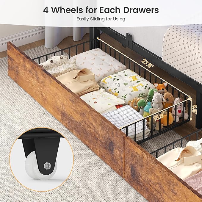 BTHFST Bunk Bed Full Over Full with Stairs, LED Lights Full Bunk Beds with 2 Storage Drawers & 6 Fabric Drawers, Metal Full Loft Beds with Safety Guardrail & Stairs, Space Saving, Rustic Brown