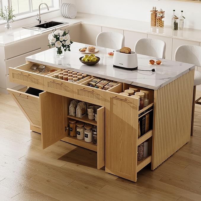 LIKIMIO 59" Kitchen Island with Power Outlet & Hidden Trash can Storage, Faux Marble Island Table with Seating Area, 3-Tier Spice Rack, 3 Drawers, 2-Tier Cabinet, Kitchen Cart on Wheels, Natural
