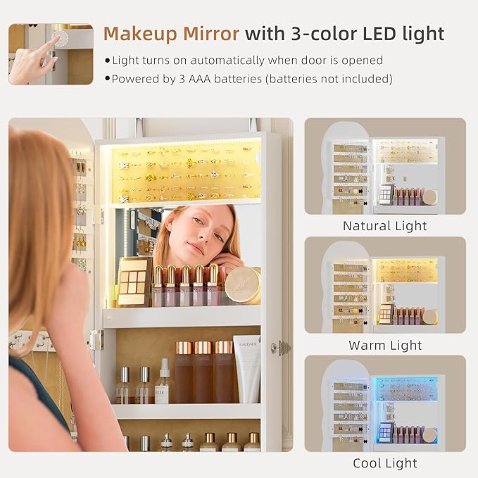 LVSOMT LED Mirror Jewelry Cabinet Wall Mounted, Over the Door Jewelry Organizer with Wave Mirror, Lockable Full Length Mirror with Storage, Jewelry Armoire for Necklaces Earrings, Gift for Women,White