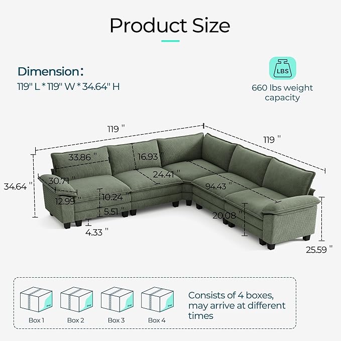 LINSY HOME Modular Sectional Sofa, 5-Seat Corduroy Modern Cloud Couch with Deep Seat, Perfect for Living Room, Office, Bedroom, Green