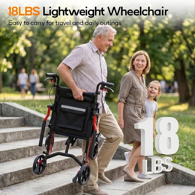 18LBS UIltra Lightweight Wheelchairs with Foldable Footrest and Armrests, Transport Wheelchair Lightweight Foldable with Handbrakes, Travel Transport Chair for Adults Seniors Kid, 1s Quick Folding