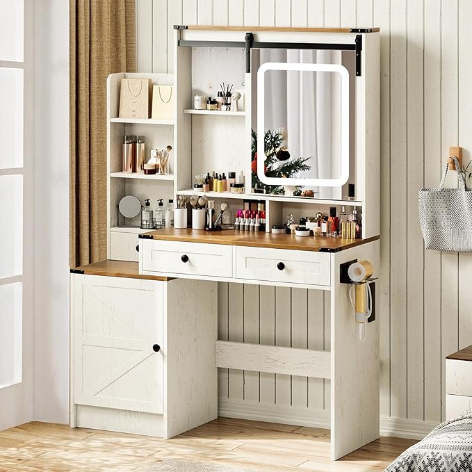 KAMABOKO Vanity Desk with Lighted and Mirror, White Makeup Table with Drawers and Charging Station, 3 Model Adjustable for Bedroom & Dressing Room (041 Brown)