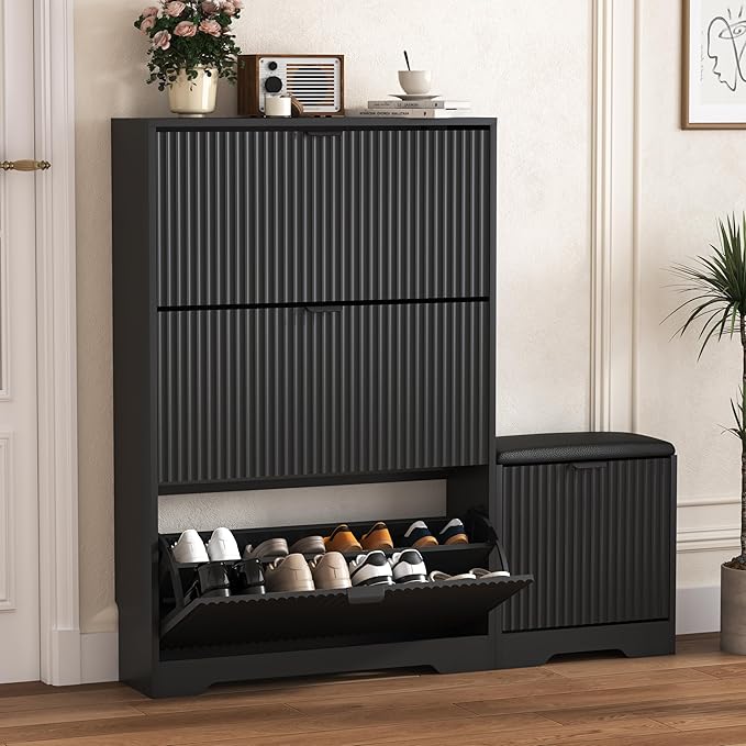 HUANLEGO Shoe Cabinet Storage for Entryway with 4 Flip Drawers, Black Fluted Shoe Cabinet with Bench, Wooden Hidden Shoe Rack Freestanding Narrow Slim Shoes Storage Organizer for Hallway, Entrance