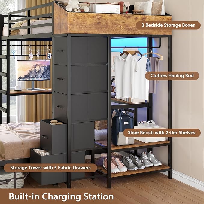 VIAGDO Bunk Bed Twin Over Twin with Hall Tree, Charging Station and LED Lights, L-Shaped Bunk Bed with Desk, 5 Storage Drawers, Twin Bunk Beds with Guardrail & Stairs, No Box Spring Needed, Black