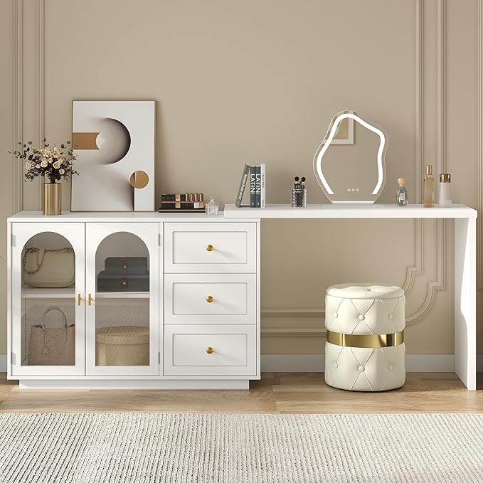 RoyalCraft 83” Large Makeup Vanity Desk, White Corner Vanity Table with 3 Drawer & 2 Door, Modern Extendable Dressing Table, Vanity Dresser Combo for Bedroom, Dressing Room (Without Mirror)