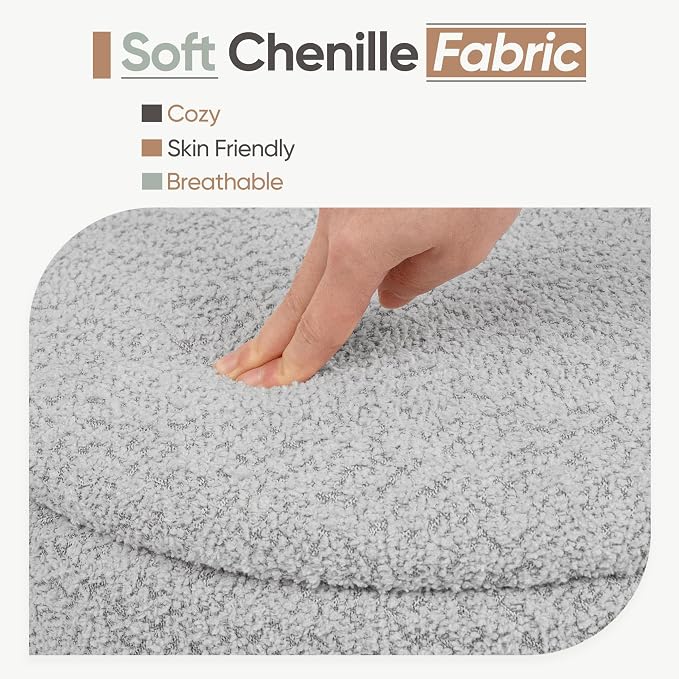 Round Storage Ottoman with Reversible Tray Lid, Folding Chenille Fabric Footrest with Hidden Storage, 15.4" Footstool for Small Spaces Living Room Bedroom, Wood Grain Base, Sliver Grey