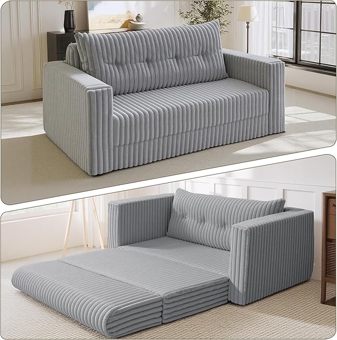 HABUTWAY 49.8" Loveseat Boneless Couch, 4-in-1 Convertible Sofa Bed, Plush Fur Folding Futon Sofa Bed Couches with a Pillow for Living Room, High-Density Foam Support, No Assembly Required, Light Grey