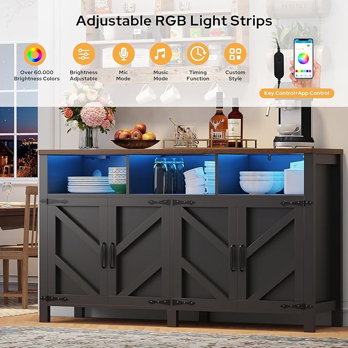 knoworld Buffet Sideboard with Storage with Power Outlets & LED Light 4 Doors, 55'' Large Farmhouse Kitchen Storage Cabinet Wood Coffee Bar Cabinet Buffet Table for Kitchen, Dining Room, Entryway