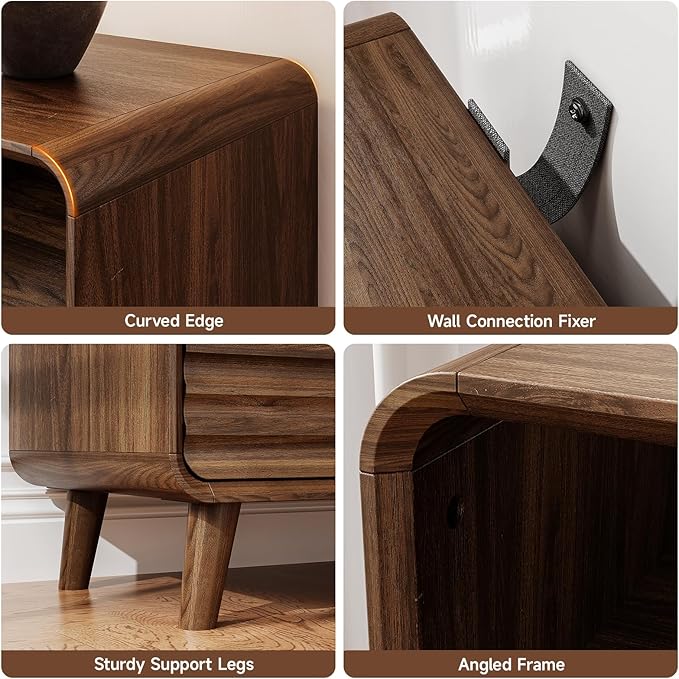 58 Inch Curved Sideboard Buffet Cabinet w/2 Wave Doors and Open Storage Spaces, Angled Side Frame, Sideboard Storage with Adjustable Shelves, Coffee Bar Cabinet for Kitchen, Living Room, Walnut