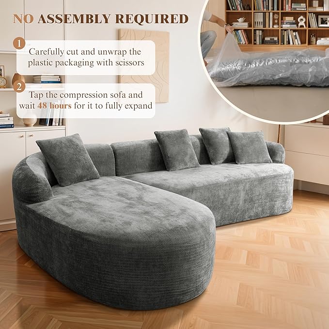 99" Curved Sectional Sofa with Chaise, Modern Boneless Couch with Deep Seat, L Shaped 3-Seater Cloud Couch for Living Room, No Assembly Needed, Chenille (Gray, Left Chaise+Right Sofa)