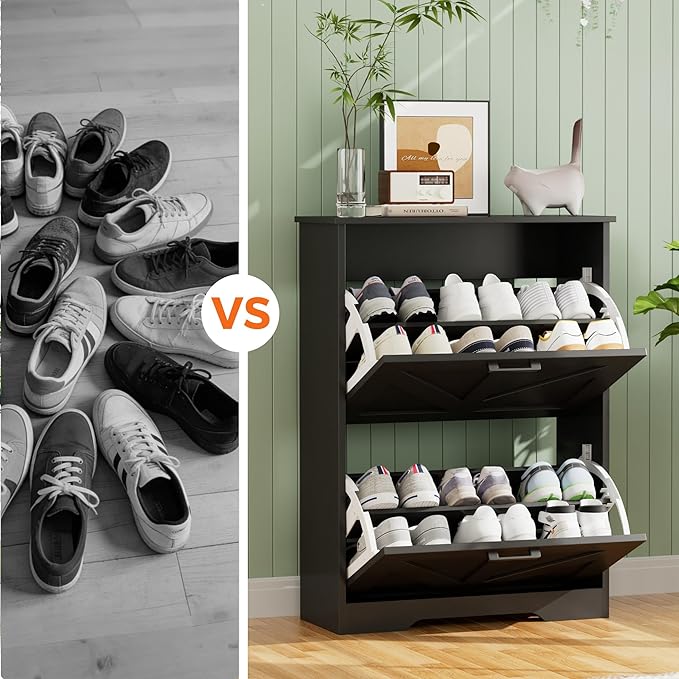 Homleke Farmhouse Shoe Cabinet for Entryway with 2 Barn-Style Flip Drawers, Narrow Shoe Storage Organizer with Top Display Shelf, Adjustable Shelves, Shoe Rack for Hallway, Closet- (Black, 24" Wide)