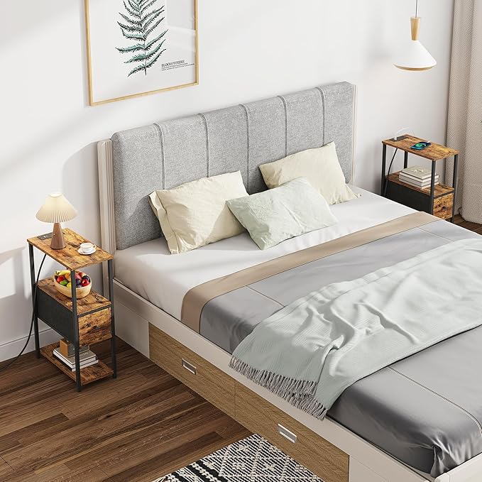 TUTOTAK Set of 2 Small Narrow End Table with Charging Station, Side Table with Outlets, Nightstand with Cloth Drawer, Couch Table, for Living Room, Bedroom, Bedside, Brown TB01BB058