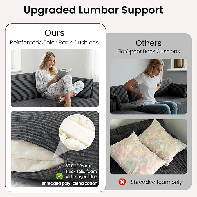 106" Cloud Sectional Boneless Couches for Living Room, Modular U Shaped Couch with Deep Seat, Removable Ottoman, Memory Foam Compressed Spineless 4 Seater Sofa for Bedroom Apartment, Grey