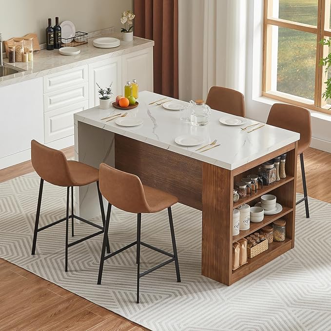 ONBRILL 61 x 31 Inch Whole Board of Tabletop Kitchen Island Table with Storage Space, Power Outlet & LED Lights, Modern Imitation Marble Large Counter Height Dining Table for 4 (White)