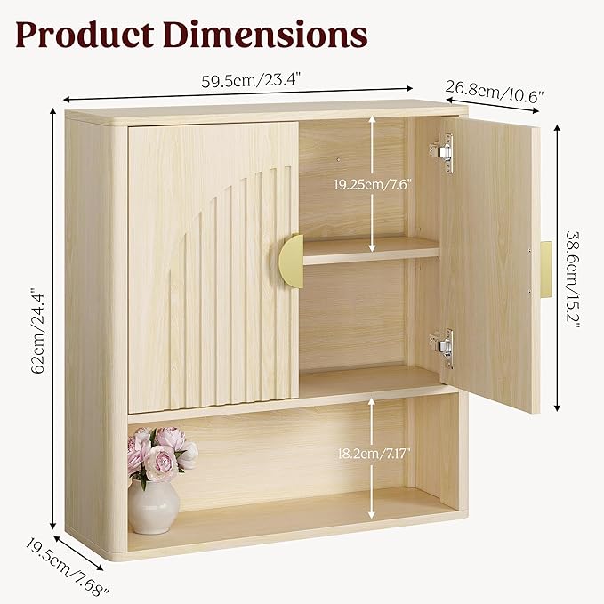Lulive Bathroom Wall Cabinet with Adjustable Wood Shelf, Fluted Medicine Cabinet with 2 Doors, Over The Toilet Storage Cabinet for Laundry Room, Kitchen, Living Room, Natural