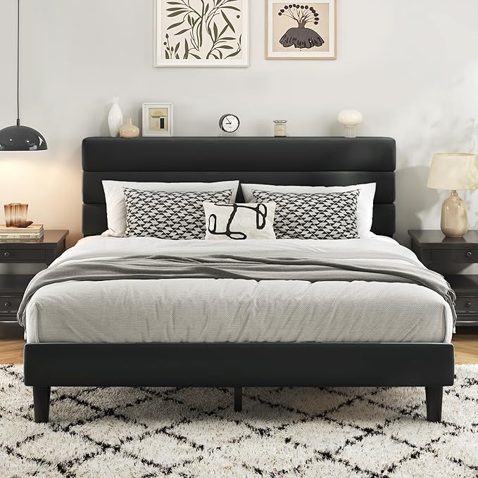Fluest Queen Bed Frame, Platform Bed Frame with Velvet Upholstered Headboard, No Box Spring Needed, Sturdy Metal Support, Noise Free, Easy Assembly, Modern Bedroom Furniture, Black