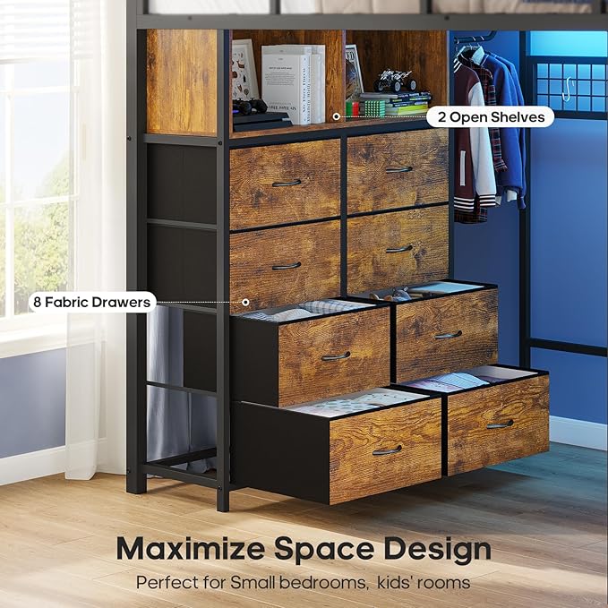 ADORNEVE Full Size Loft Bed with Desk and 8 Storage Drawers, LED Metal Loft Bed with Power Outlet, 2 Shelves & Clothing Rack, Bed with Safety Guardrail & Ladder,Space-Saving, Rustic Brown