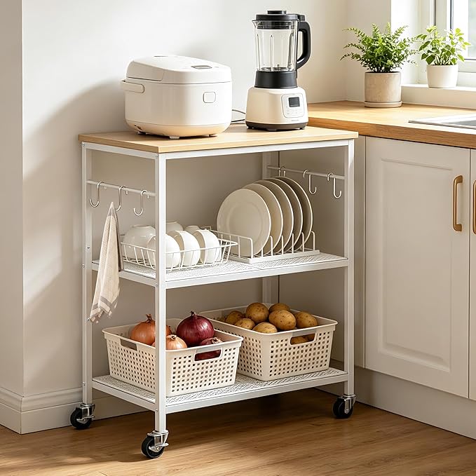 Homleke 3-Tier Rolling Kitchen Microwave Cart, Kitchen Utility Cart on Lockable Wheels, Coffee Bar Table Station with 6 S-Shaped Hooks, Small Appliance Storage Shelf, White and Natural