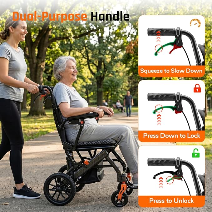 SOFTFISH Transport Wheelchair with Telescopic Rod, Wheelchairs for Adults with Foldable Footrest and Armrests, Narrow Wheelchair for Tight Spaces, Wheel Chair for Adults Seniors, Travel, Outing
