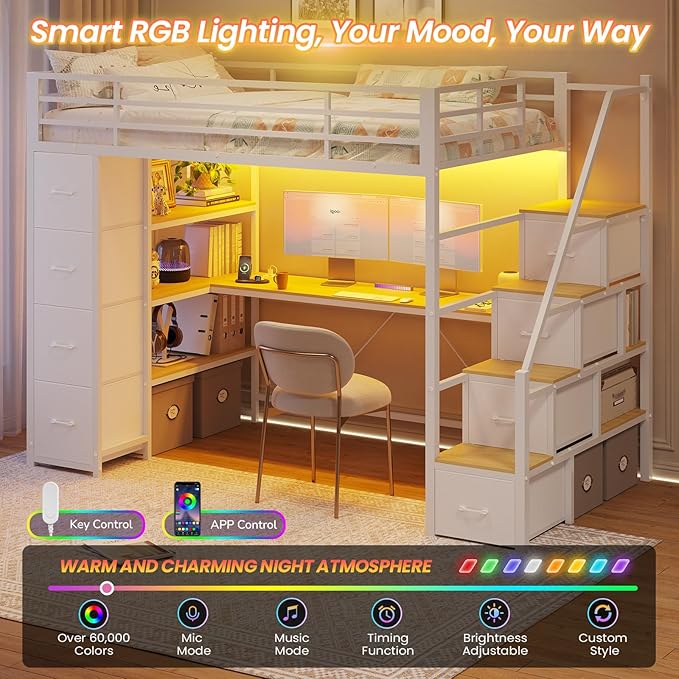 DICTAC Loft Bed Twin Size with Storage Stairs,Desk and Charging Station,Metal Twin Loft Bed with LED Lights,8 Storage Drawers,3-tier Shelves,Loft Beds for Kids,Teens,Adults with Safety Guardrail,White
