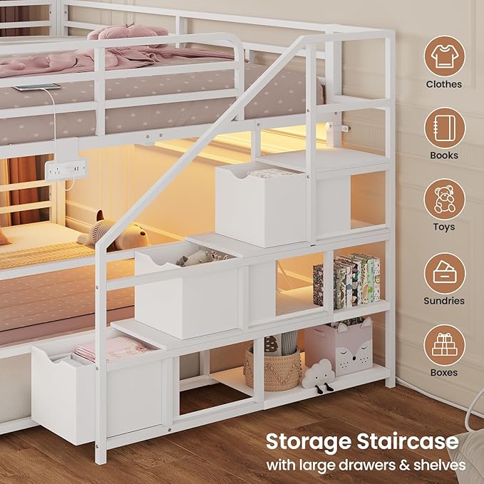 ADORNEVE Low Bunk Bed Full Over Full with Stairs, 3 Storage Drawers & Power Outlet, Full Size Metal Floor Bunk with RGB Lights & Shelves, Space-Saving Kids Bed, White