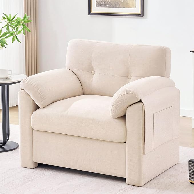 Howjoe Chenille Oversized Armchair, 37.8" Wide Accent Chairs for Living Room & Bedroom Modern Lounge Chair, Upholstered Mid-Century Reading Chair with Arm Pocket, Comfy Living Room Chair, Beige