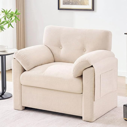 Howjoe Chenille Oversized Armchair, 37.8" Wide Accent Chairs for Living Room & Bedroom Modern Lounge Chair, Upholstered Mid-Century Reading Chair with Arm Pocket, Comfy Living Room Chair, Beige