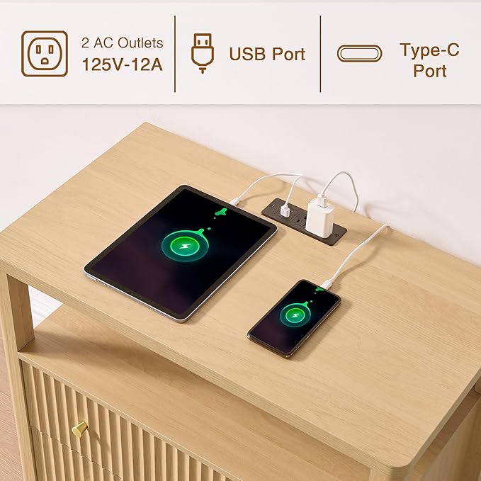 Fluted Nightstand with Charging Station Set of 2, 27.3" Wide Modern Bedside Table with 2 Drawers & Open Shelf, Large Wood End Table with Storage & Metal Handle for Bedroom, Living Room, Natural Wood