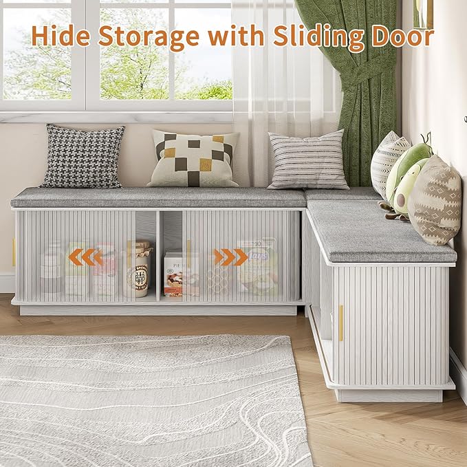 L-Shape Storage Bench with Cushion, Corner Dining Bench with Hidden Storage, Breakfast Nook Bench for Dining Room, Kitchen, Entryway, Cloakroom, White
